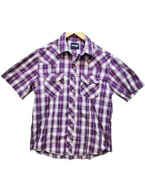 Wrangler Men's Snap Front Western Shirt Short Sleeve Size M Purple Plaid Pockets